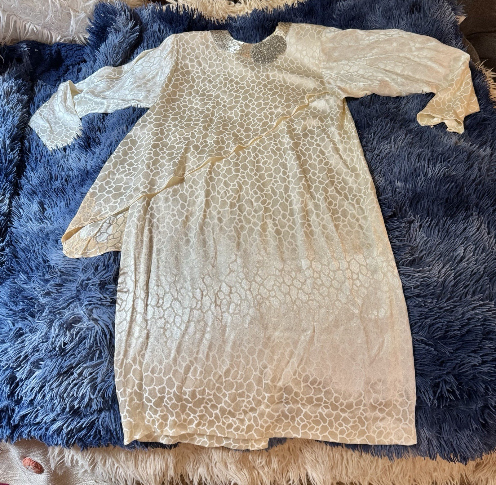 Vtg A J Bari Isaacson’s Ivory Off White Leopard Beaded Neckline Shoulder Dress