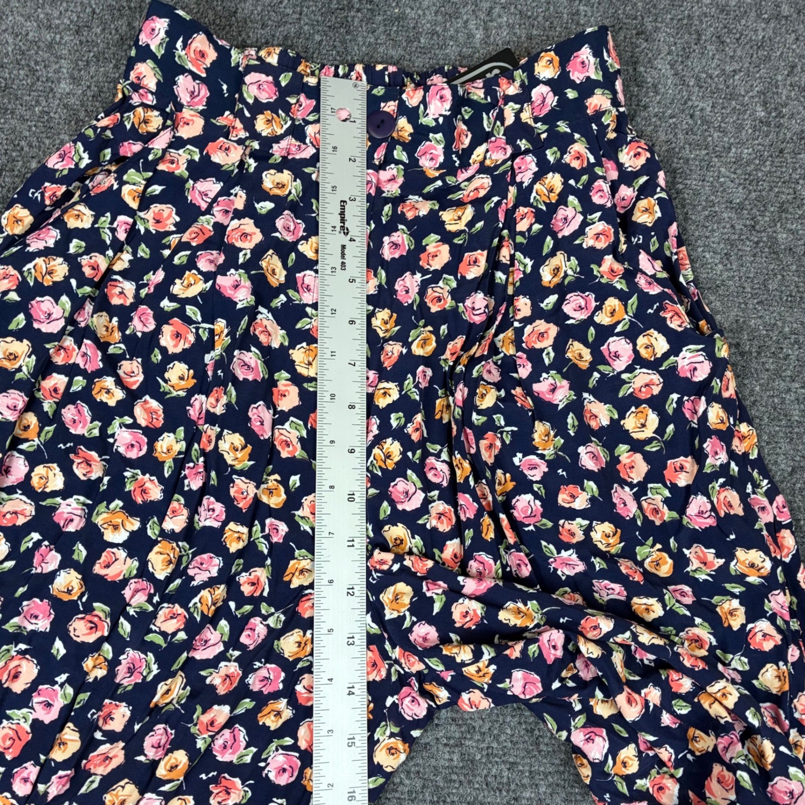Vintage Wrapper USA Floral Wide Leg Pants Navy Pink Orange Rose Print Medium NWT