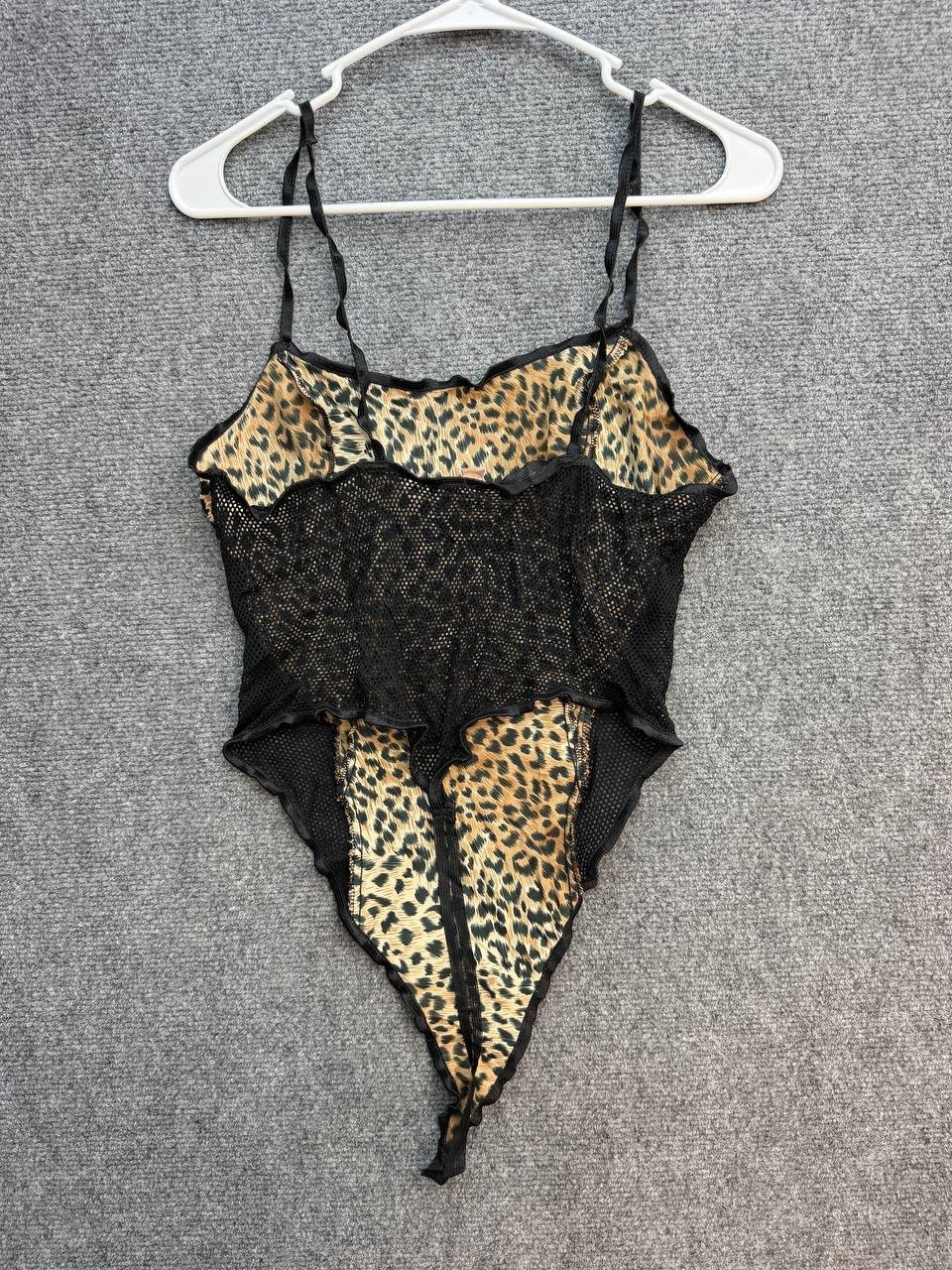 Vintage Leopard Print Teddy Bodysuit Lingerie Women’s Black Mesh Satin Medium
