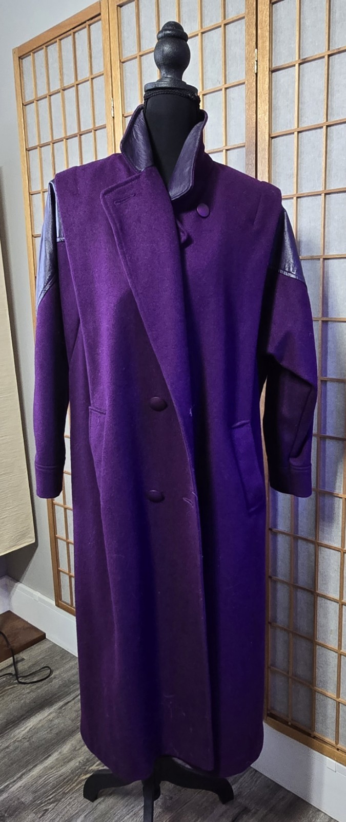 Vintage 1980’s Purple Wool And Leather Coat Women Medium Large