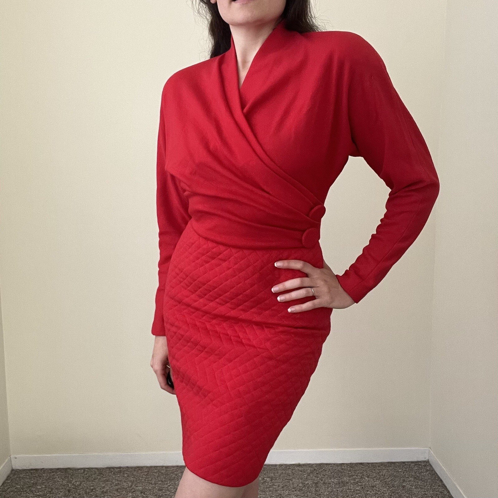 Vintage Red Sweater Dress Holiday Christmas Solid sz 4/6 Nipon 1980s Batwing