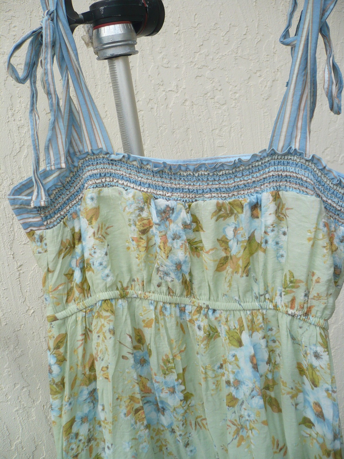 VTG 90S BY THE RIVER TIERED DRESS S MOSS GREEN LONG RAYON BLUE FLORAL BOW HIPPY