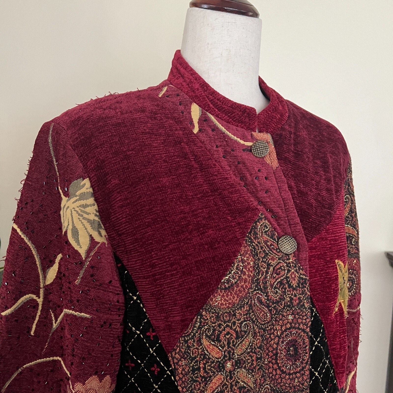 Alex Kim Vintage Burgundy Embroidered Patchwork Jacket sz Petite M