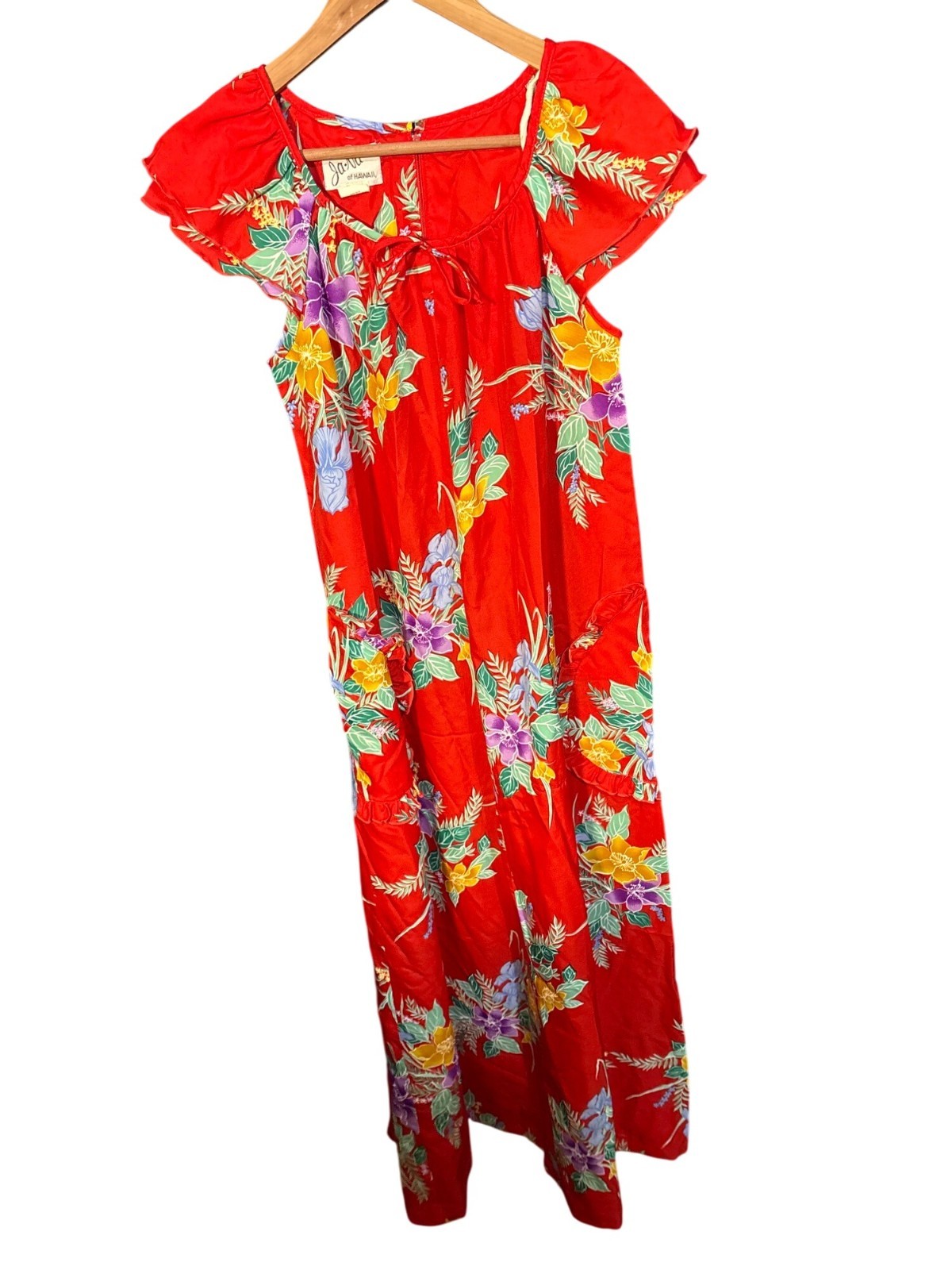 Vintage Ja-Na Of Hawaii Red Floral Maxi Dress Size 10 With Ruffled Sleeves