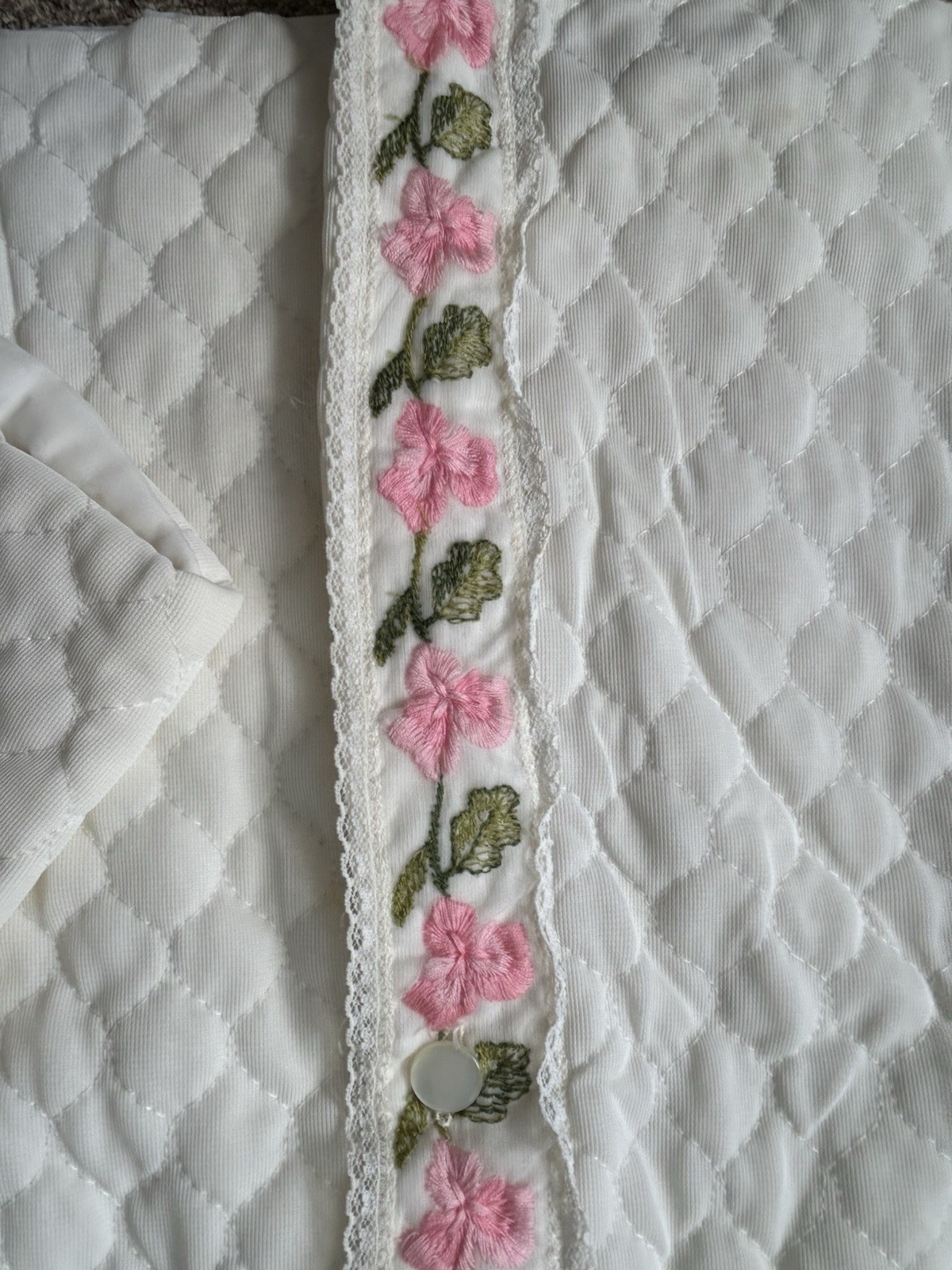 Vintage White Quilted Jacket with Pink Flowers On Lace Appears To Be Small