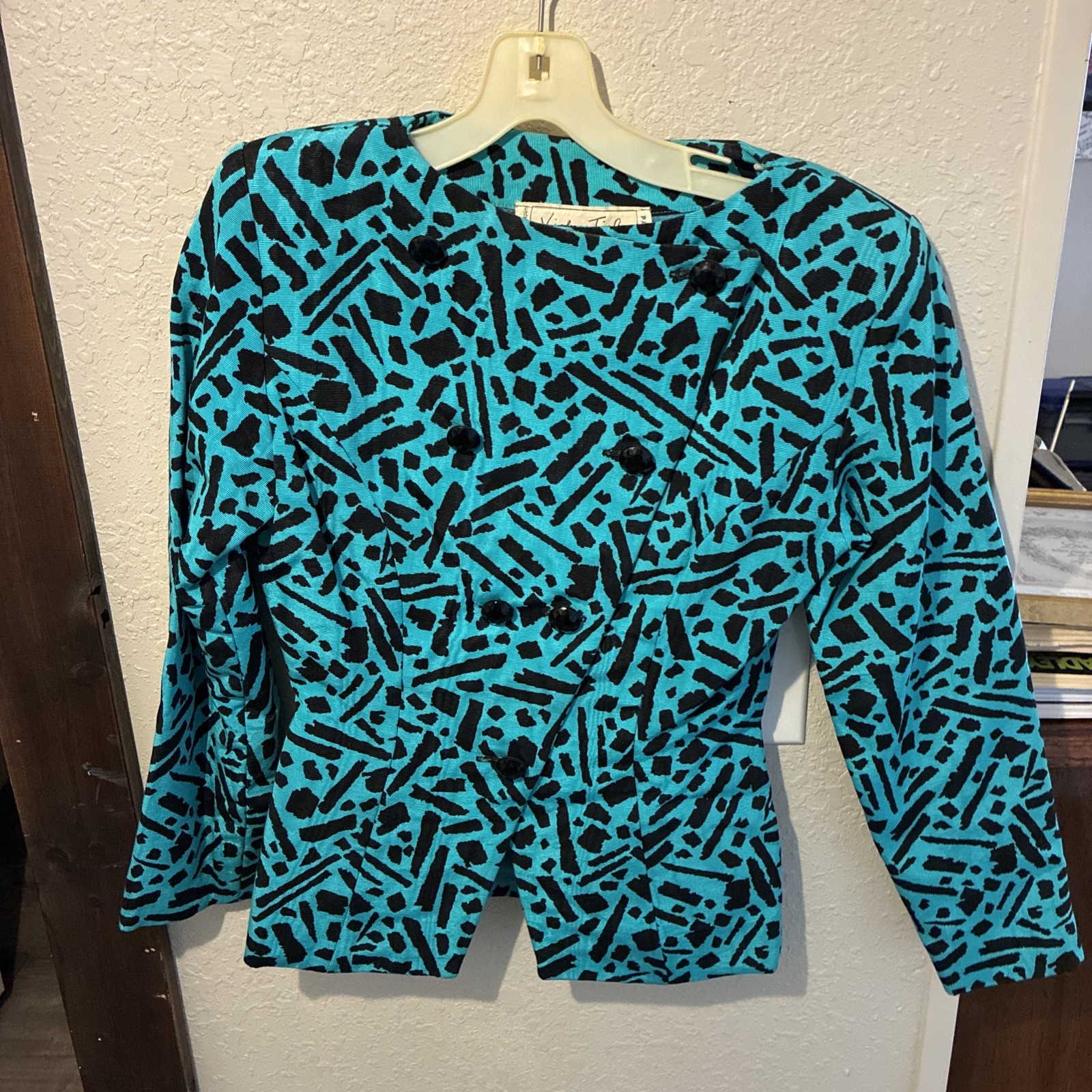 Vtg Vicky Tiel Couture Paris Blue/black Size 40 Us 8 Blouse/jacket Button Up