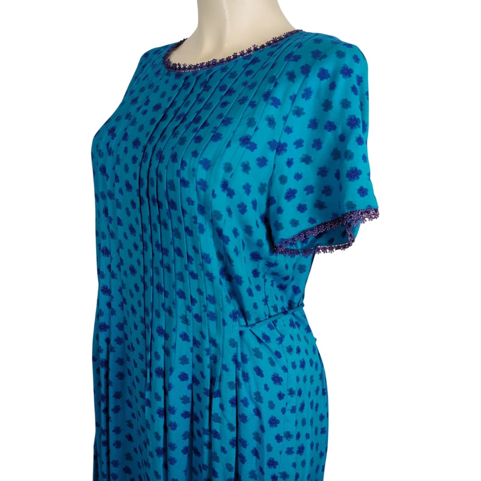 Vintage Sarah Elizabeth Floral Midi double tied modest blue Dress Waist Tie 8