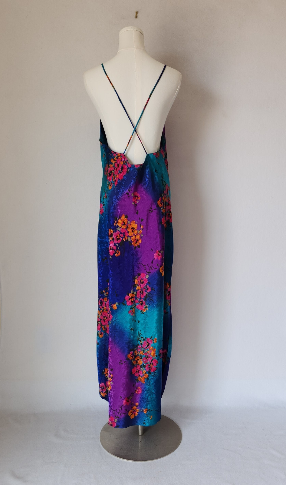 Vintage Y2K Circa 2000 USA Floral Satin Maxi Slip Dress Straps Multicolor Sz.M