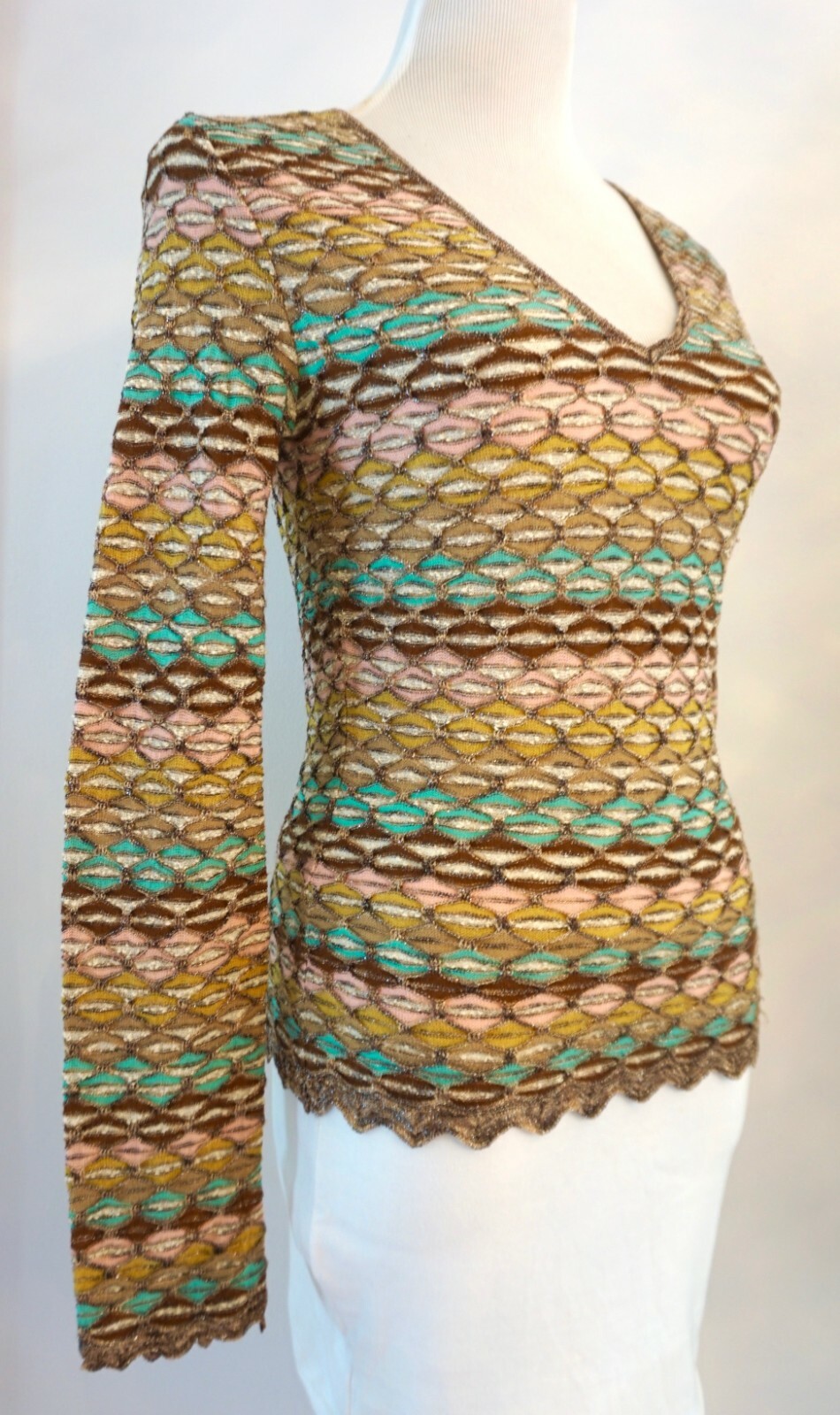 Vtg 70s MISSONI Multicolor Metallic Stretch LS Top w/Zigzag Hem – Sz S/40