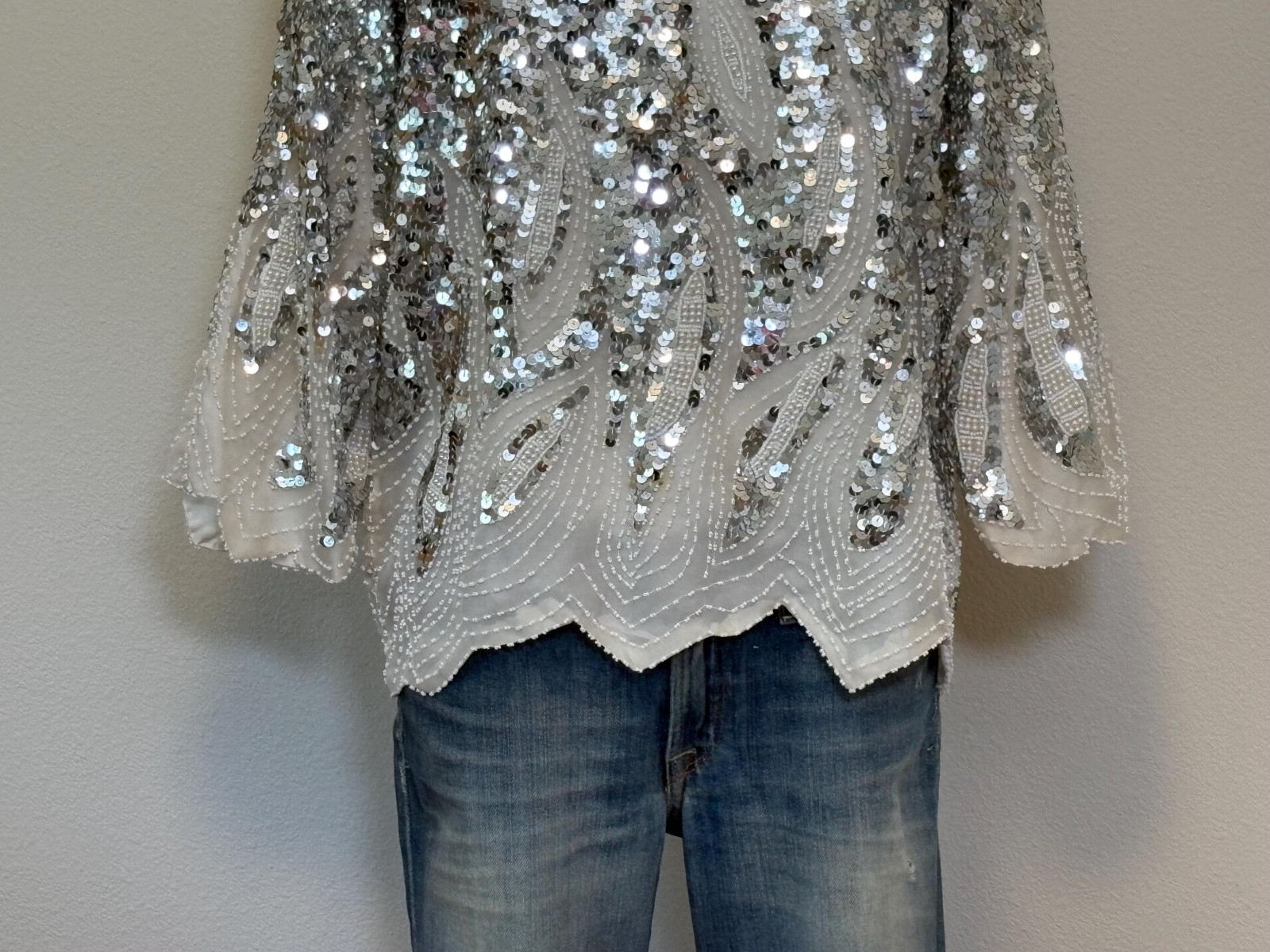 Vintage 80s Beaded Silk Top, White Silver Sequin Disco Tee, Sparkle Top