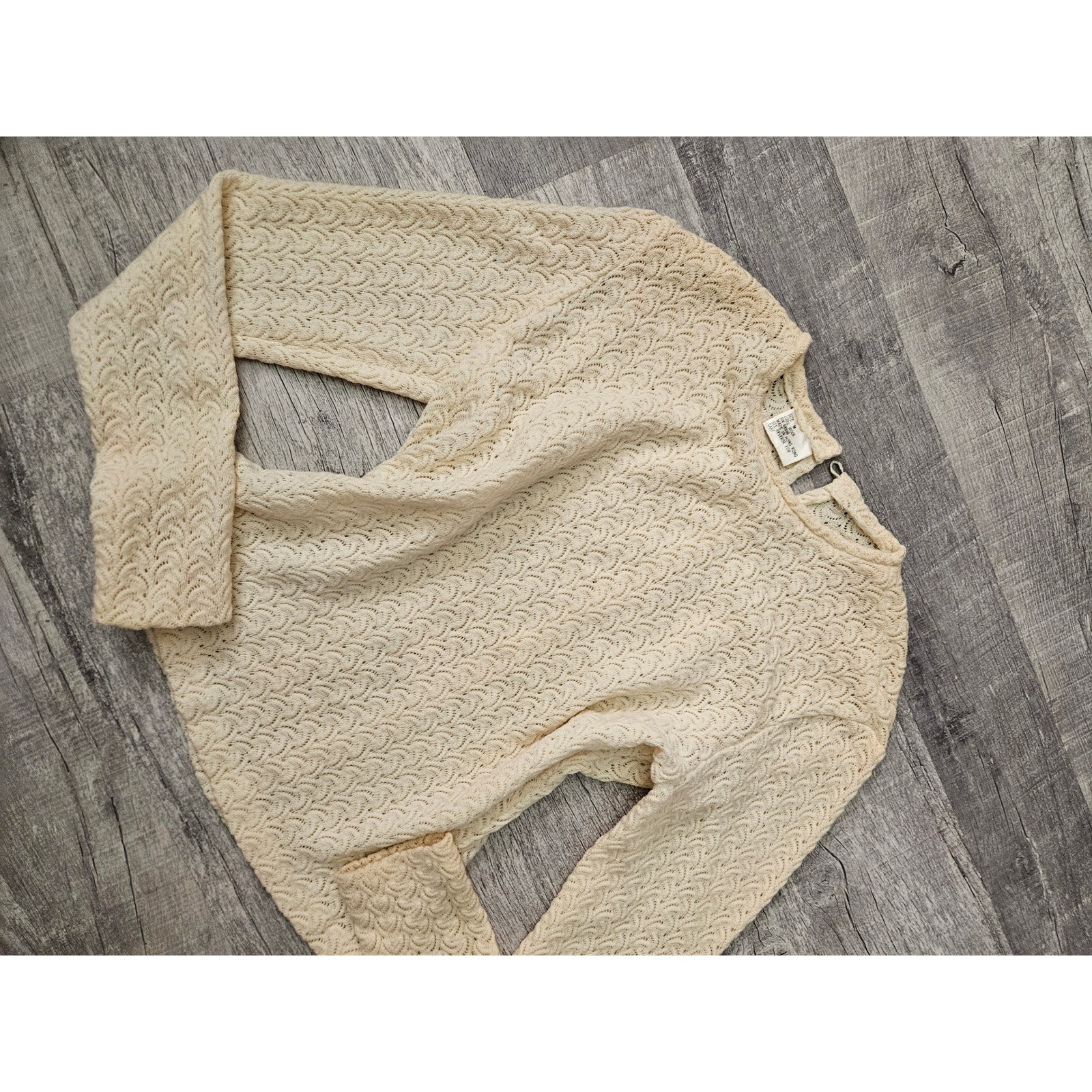 Vintage 100% Wool Cream Open Knit Long Sleeve Sweater Top Size Medium