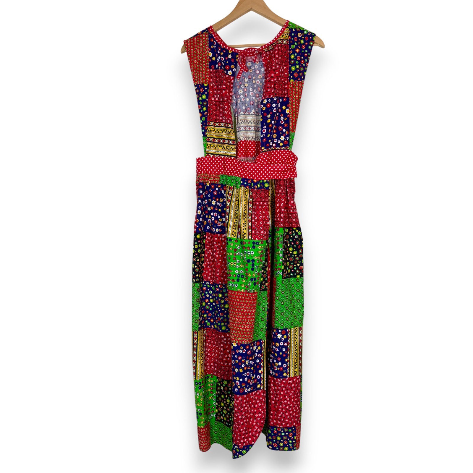 Vintage Design House Pinafore Dress 70s Red Green Patchwork Cottagecore Prairie