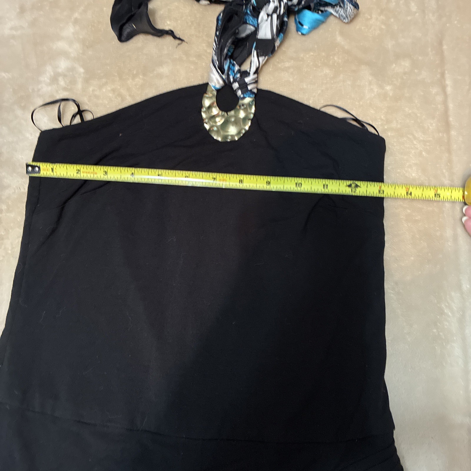 Vintage Cache Black Halter Dress Romper Y2K Blue Scarf Neckline
