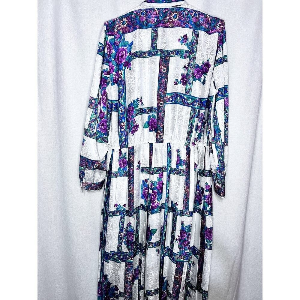 Vintage 80s Schrader Silver Purple Floral Satin Long Sleeve Midi Dress