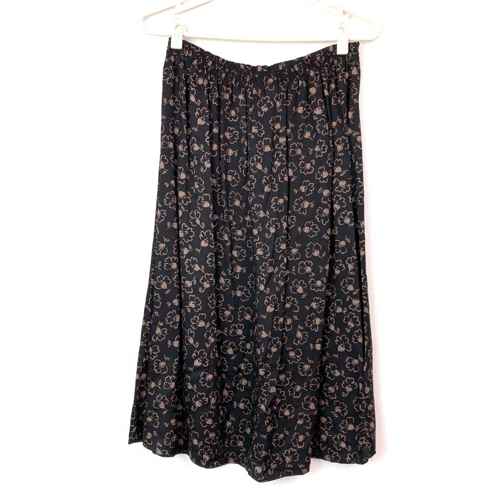 Vintage 90s Honors Black Brown Rayon Elastic Waist Floral Long Skirt Small
