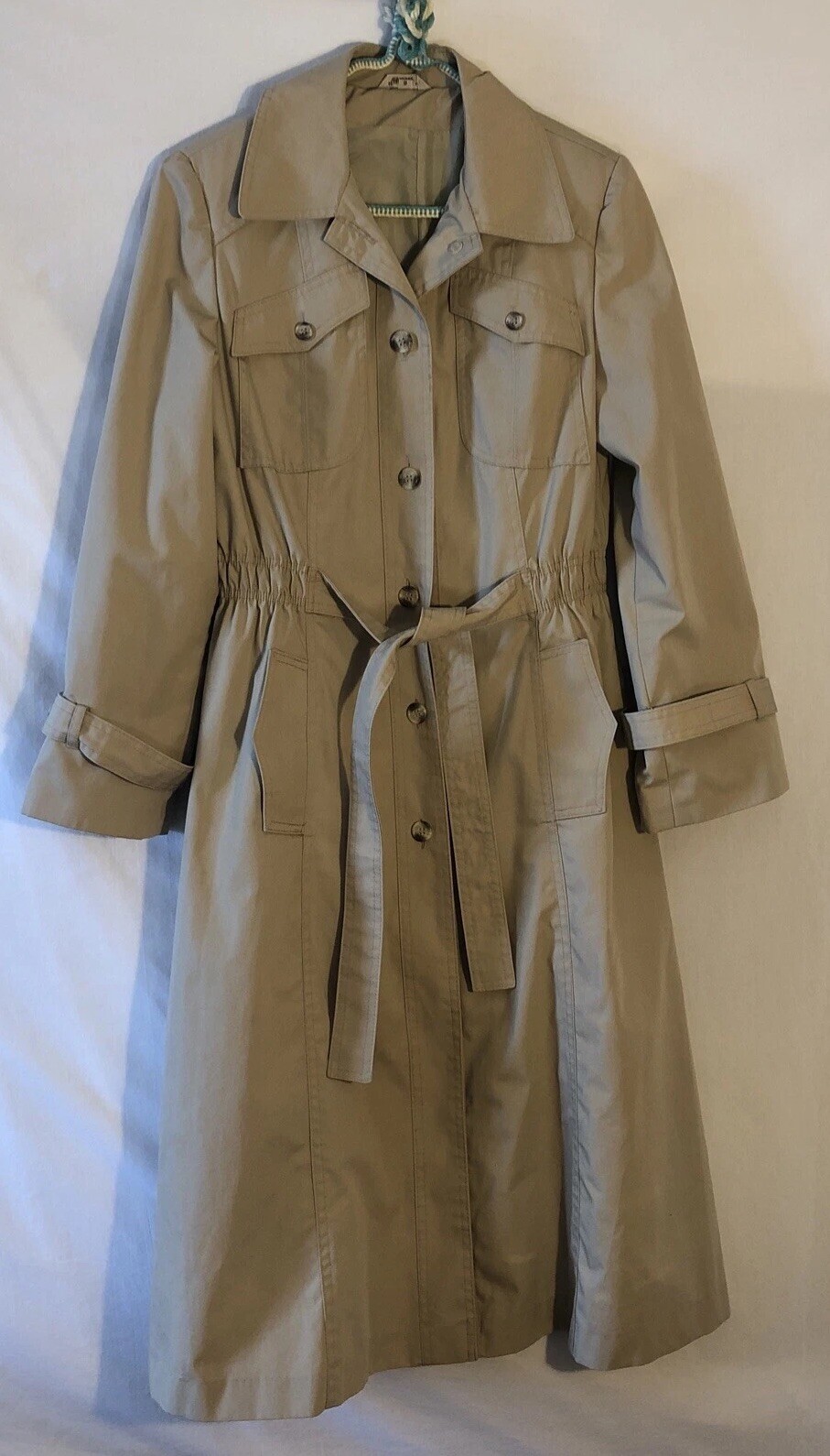 Vtg Sears Bazaar Jrs 9 Beige Khaki Trench Coat Pockets Belted Cinched Lined