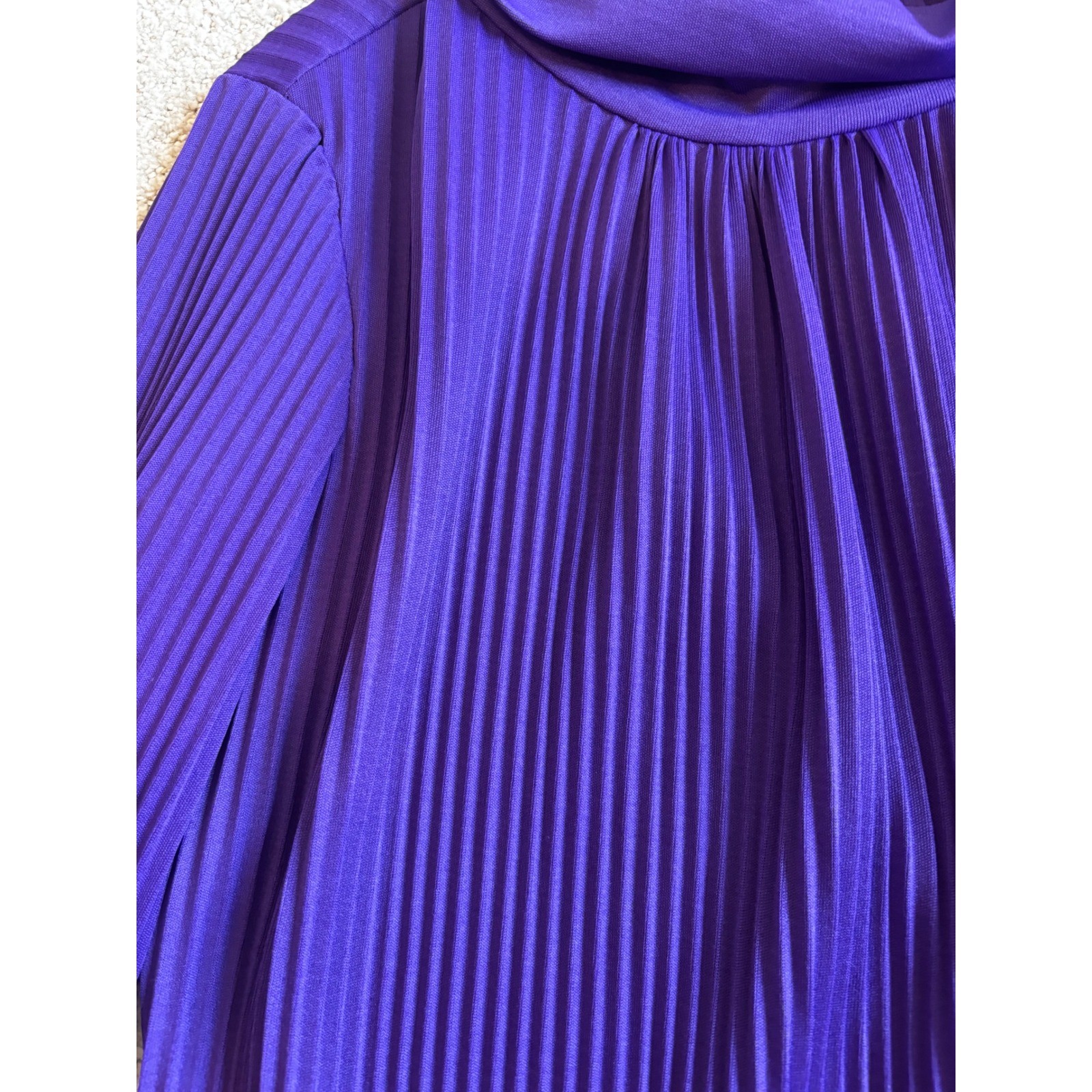 Vintage 70s Accordion Pleated Tunic Dress Med Purple High Neck Mod Disco Retro