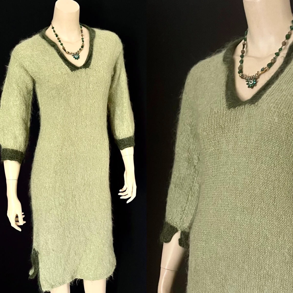 1960s Sexy Sweater Dress, Hand Knit Mohair, Martini Olive & Forest Green, P-SM