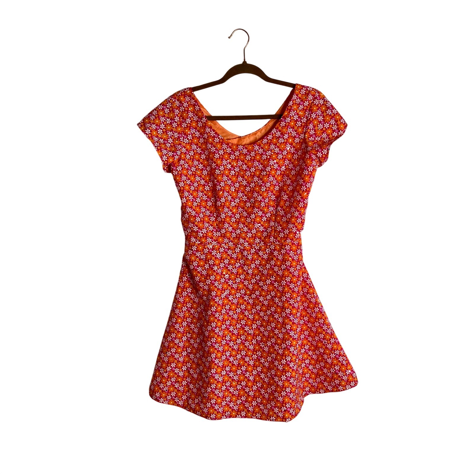 Vintage 60s Mod Daisy Floral Mini Dress Cutout Flower Power GoGo Party Sequin S