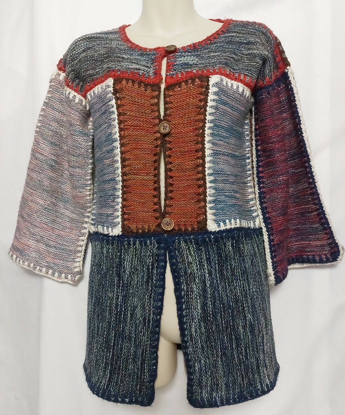 Vintage Wenjilli Patchwork Long Cardigan Sweater Size 11/12 -S/M Wool Blend