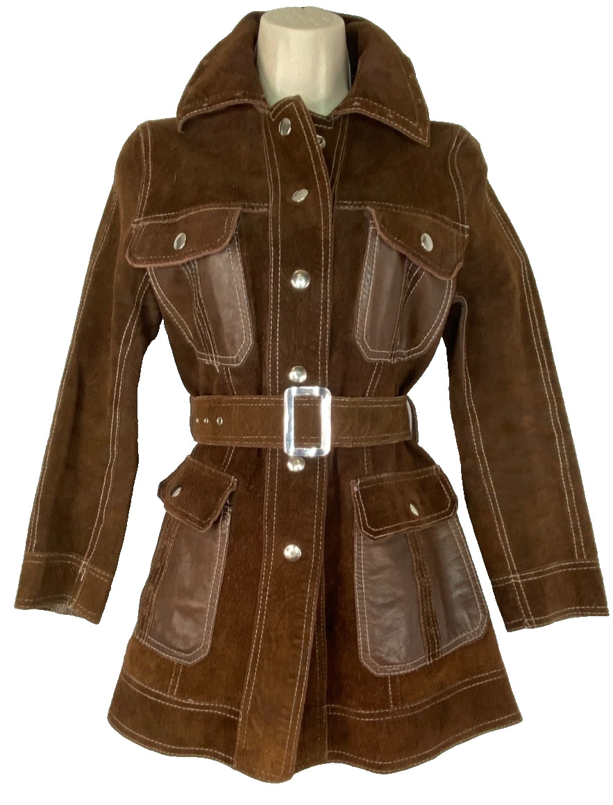 Vintage 1970s dark brown reversible leather jacket genuine suede patchwork XS