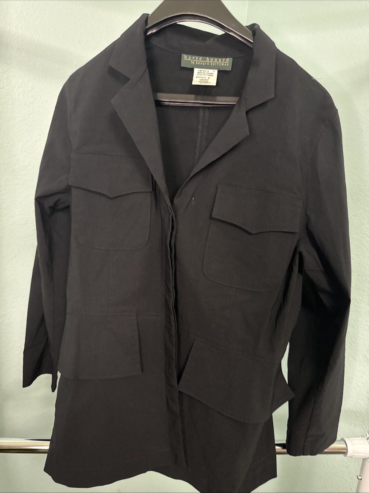 Harve Benard Vintage Black Safari Jacket Lightweight Hidden Button Blazer Sz 6
