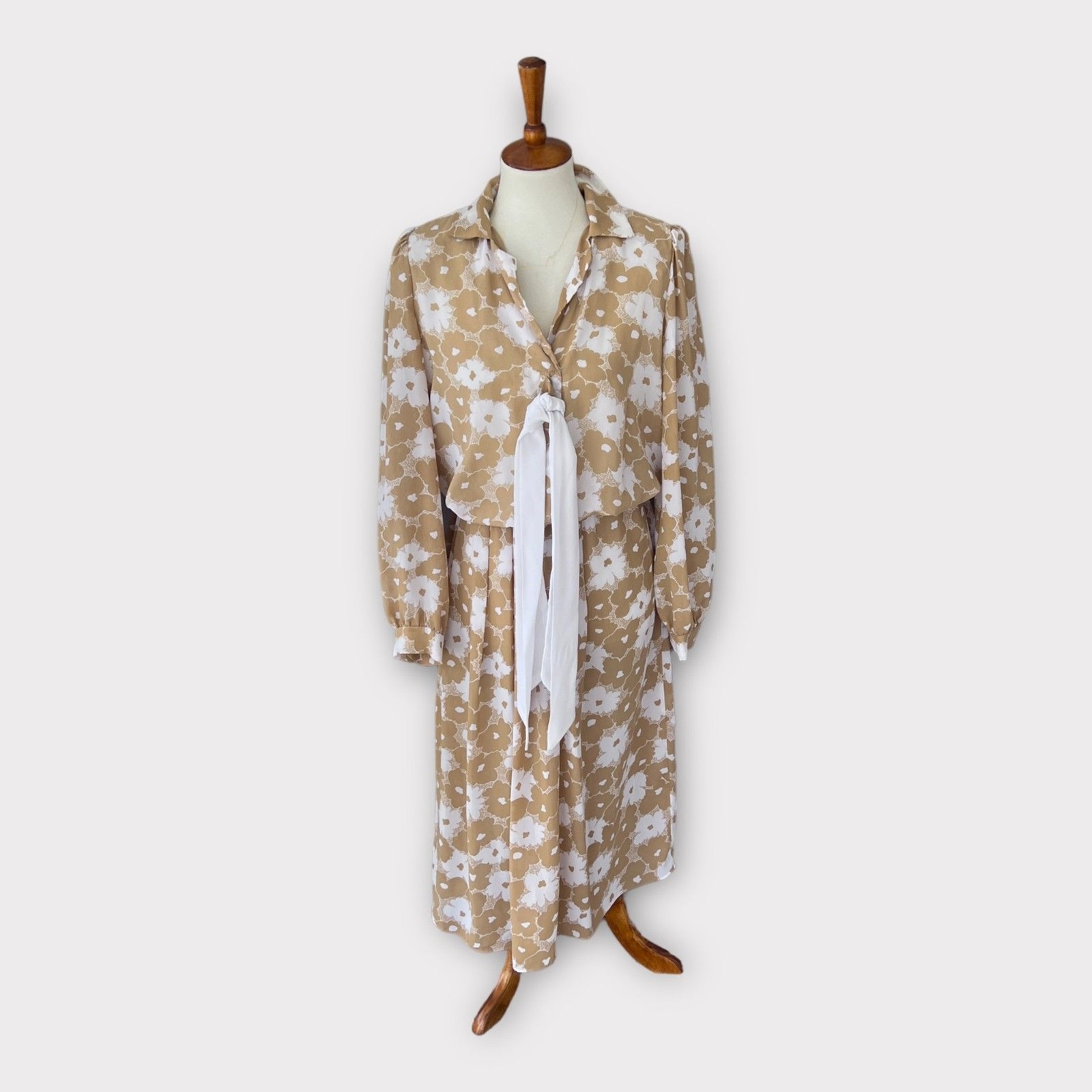 VTG Maree Womens Floral Tan Secretary Dress Sz 12 Structured Retro 80s Twee