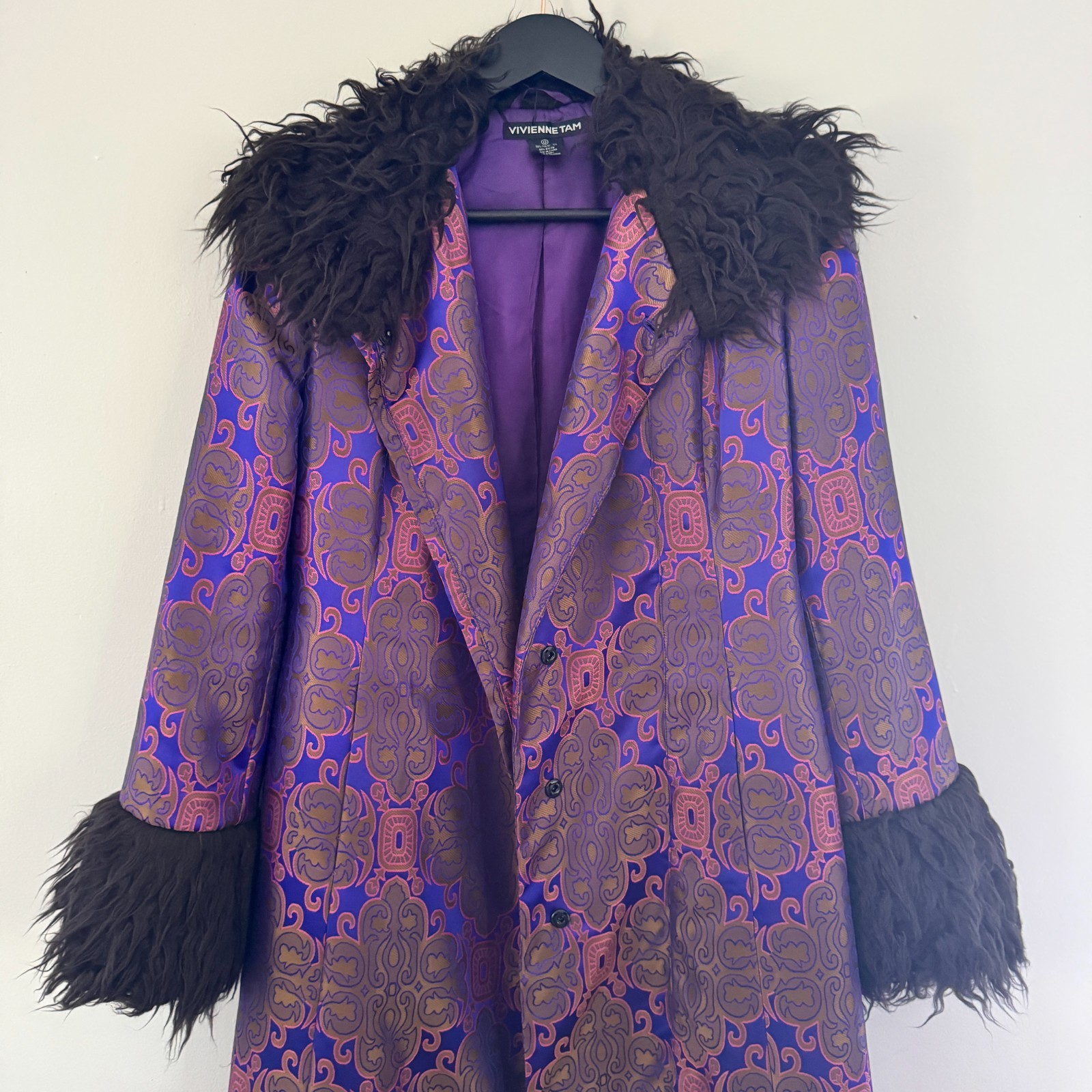 90s vtg VIVIENNE TAM Purple Gold IRIDESCENT Brocade Rave Penny Lane Fur Coat Y2K