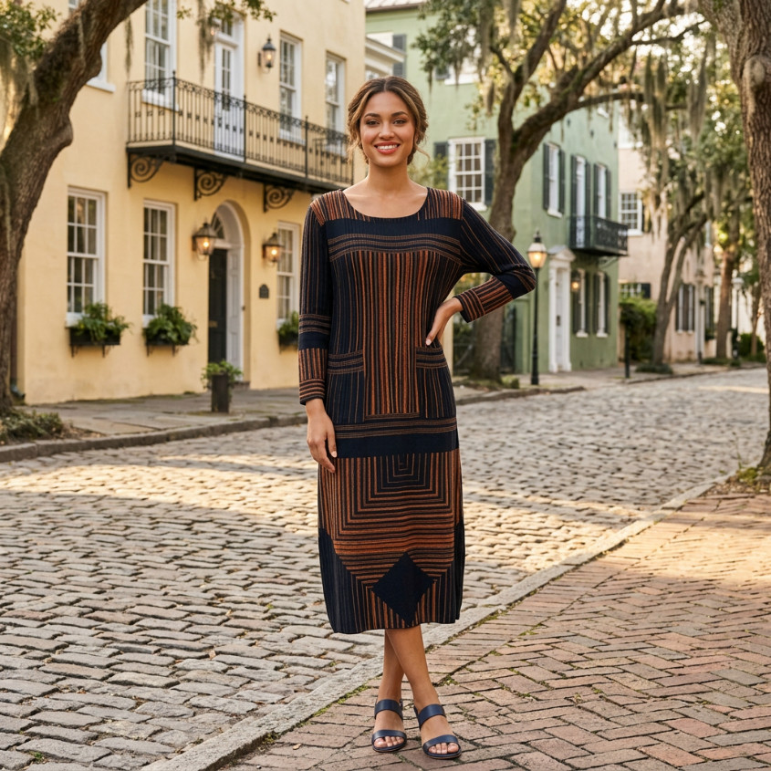Vtg striped micro pleated long sleeve lagenlook art to wear dress Korea japan