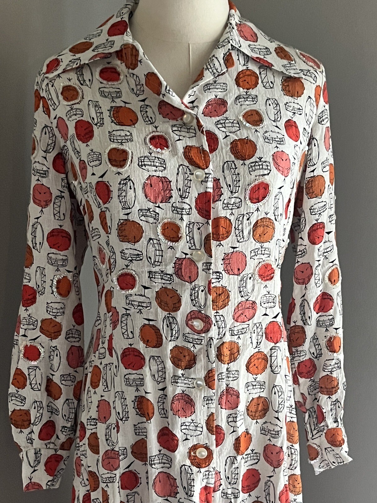 Vintage 50s Novelty Print Maxi Dress Music Drums Long Sleeve Pointy Collar Sz S