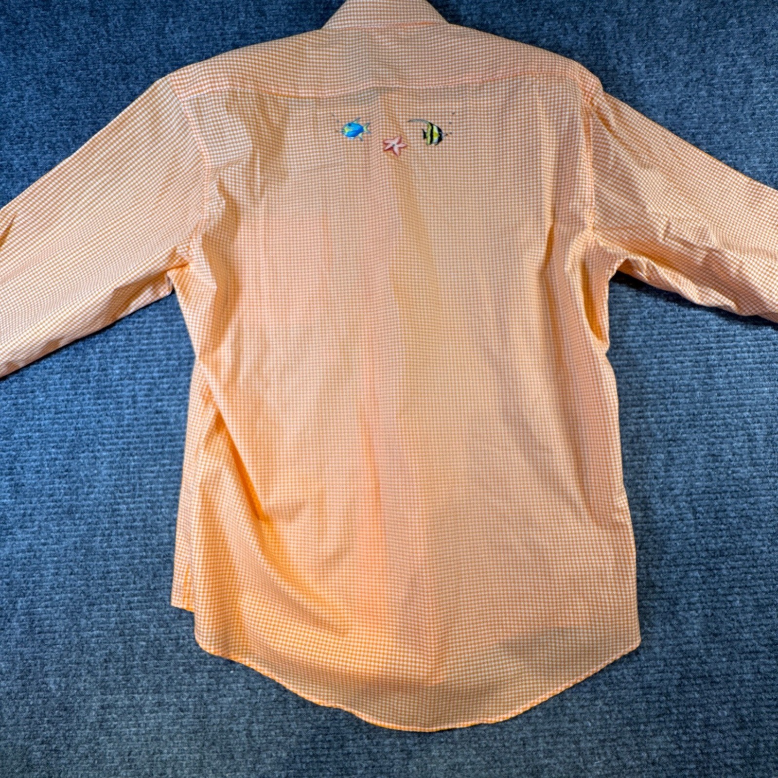 Vintage Tia Designs Orange Gingham Fish Embroidered Button Down Shirt Medium USA
