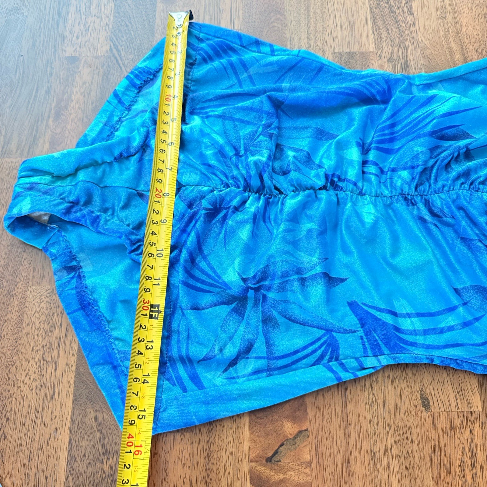 Vintage Maxine of Hollywood One Piece Swimsuit 12 Ruched Blue Palm Leaf 90s