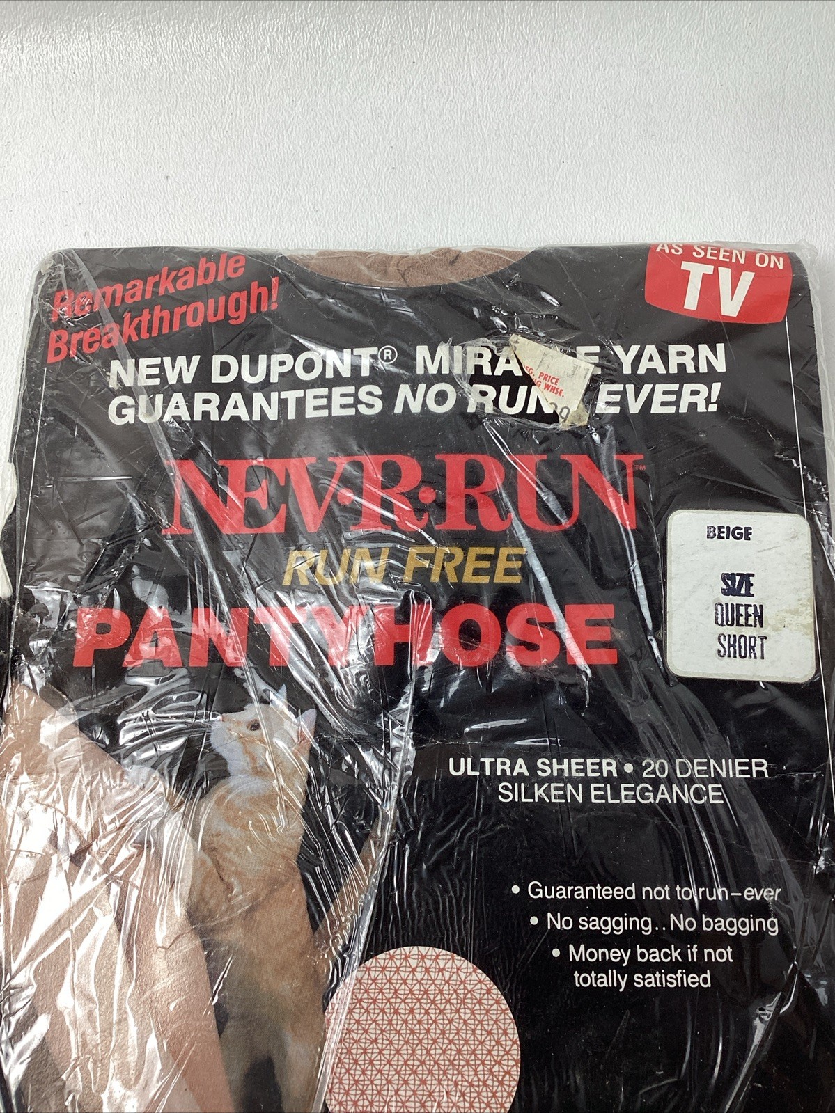 VTG NOS 1991 Nev-R-Run PantyHose QUEEN Short Run Free Beige As Seen On TV USA