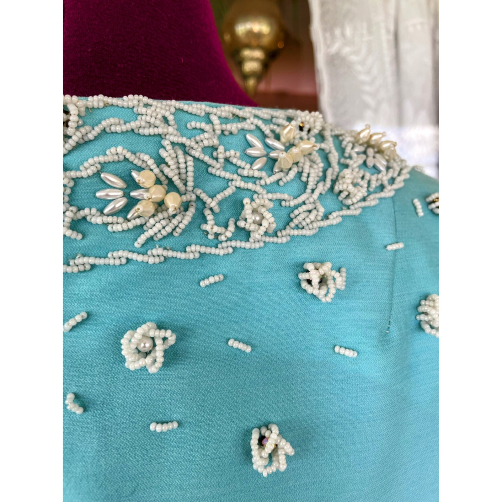 Vintage 1960s Blue Heavy Beaded Silk/wool Blend Midi Dress