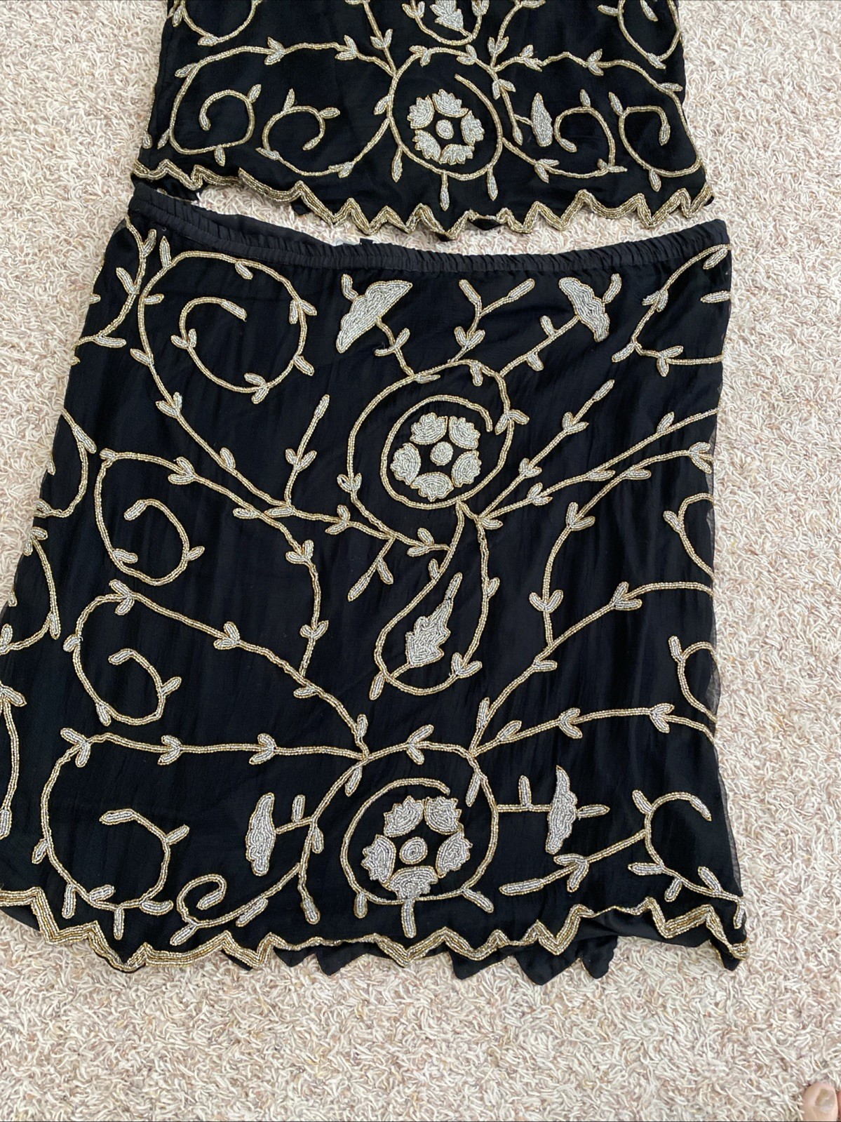 Vtg Carina Women’s Lot Of 2 Silk Beaded Two Piece Outfit Top Skirt Black Sz 3XL