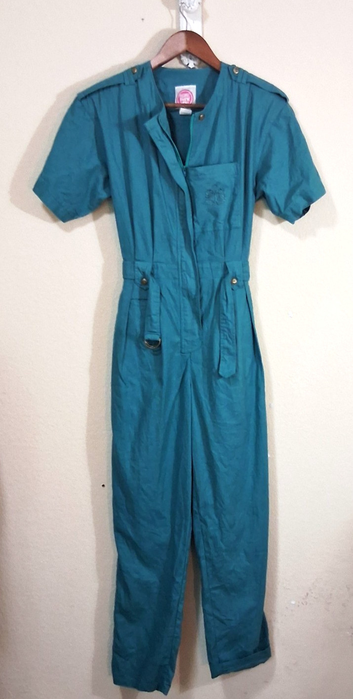 Vintage 80 90s Please Thank You Teal Linen Blend Jumpsuit Romper Small Yacht PYT