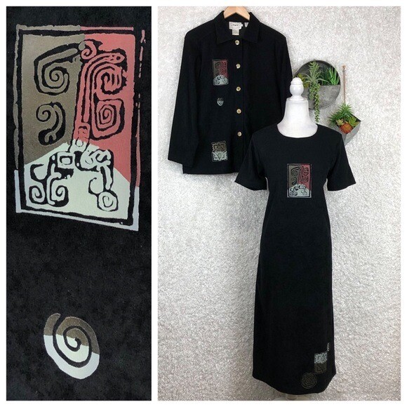 Vintage Wearable Art Maxi Dress Jacket Set Black Microsuede Y2K 1999 Size M