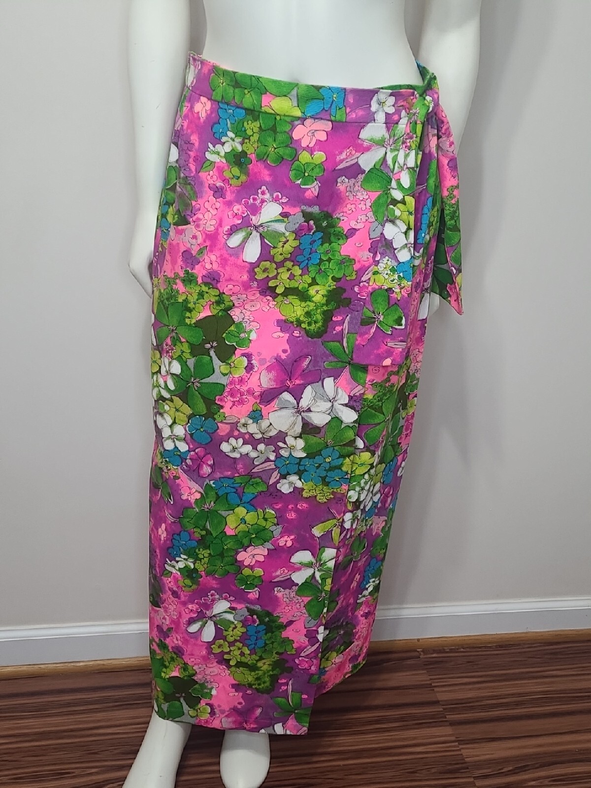 Vintage Flower Power Wrap Skirt Womens L Artsy Hawaiian Floral Tropical Beach