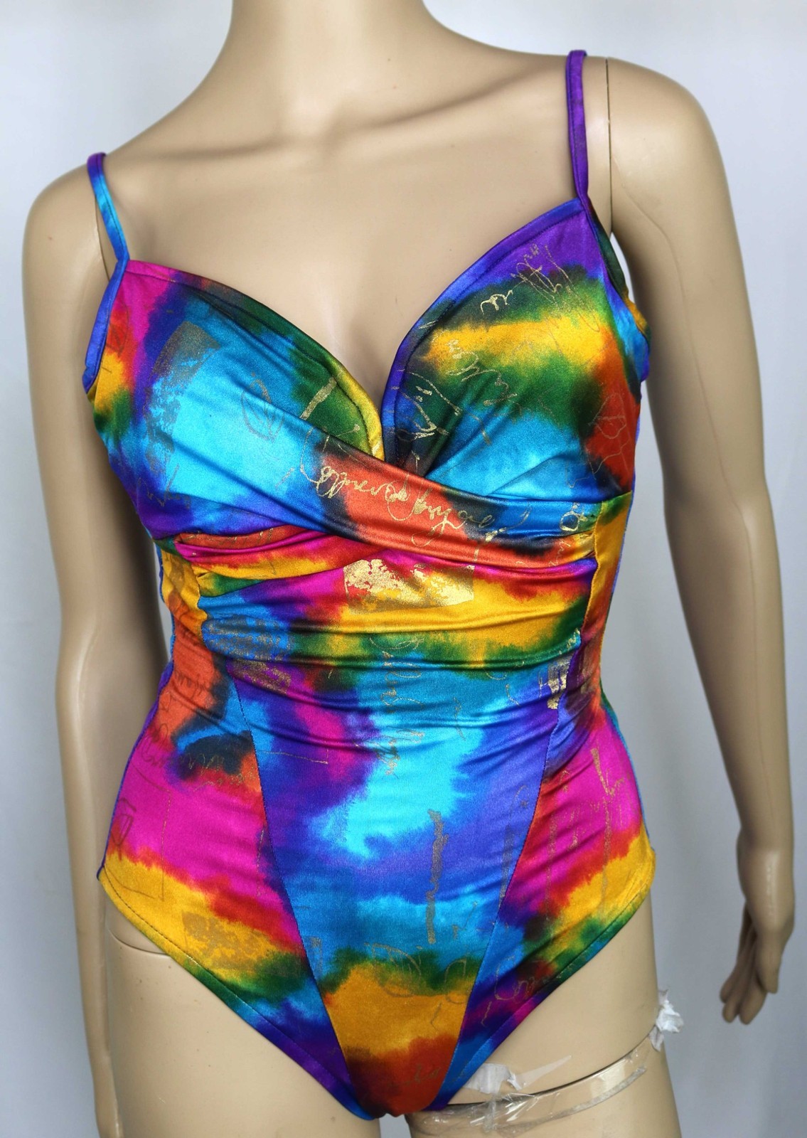 1990s Y2K Vintage Slimsuit Swimsuit with Bra Rainbow Print Metallic Gold 10