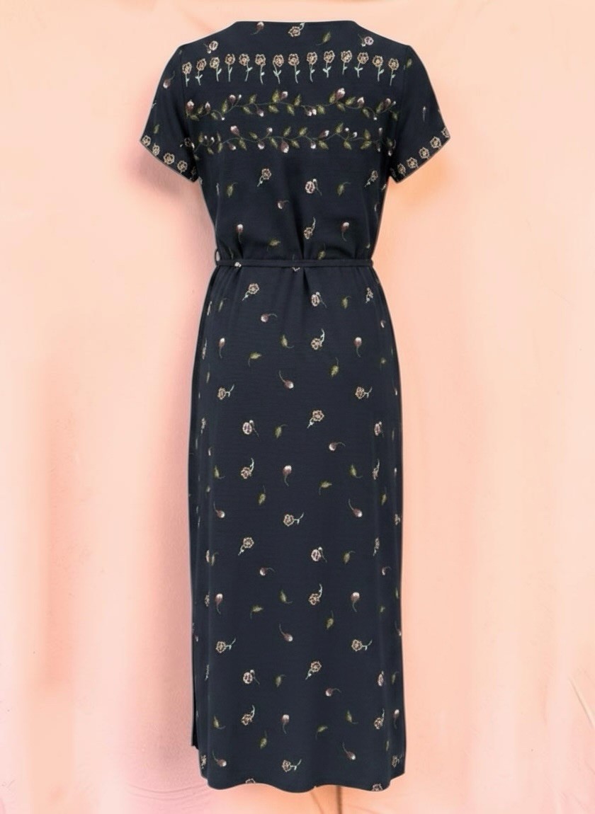 Vintage 90s Grunge Black Floral Midi Dress Size Xsmall USA Made Whimsigoth Goth