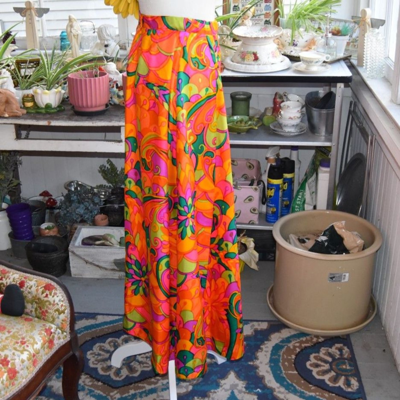 Vintage 70s Psychedelic Maxi Skirt Neon Floral Mod Hippie XS 26 Waist