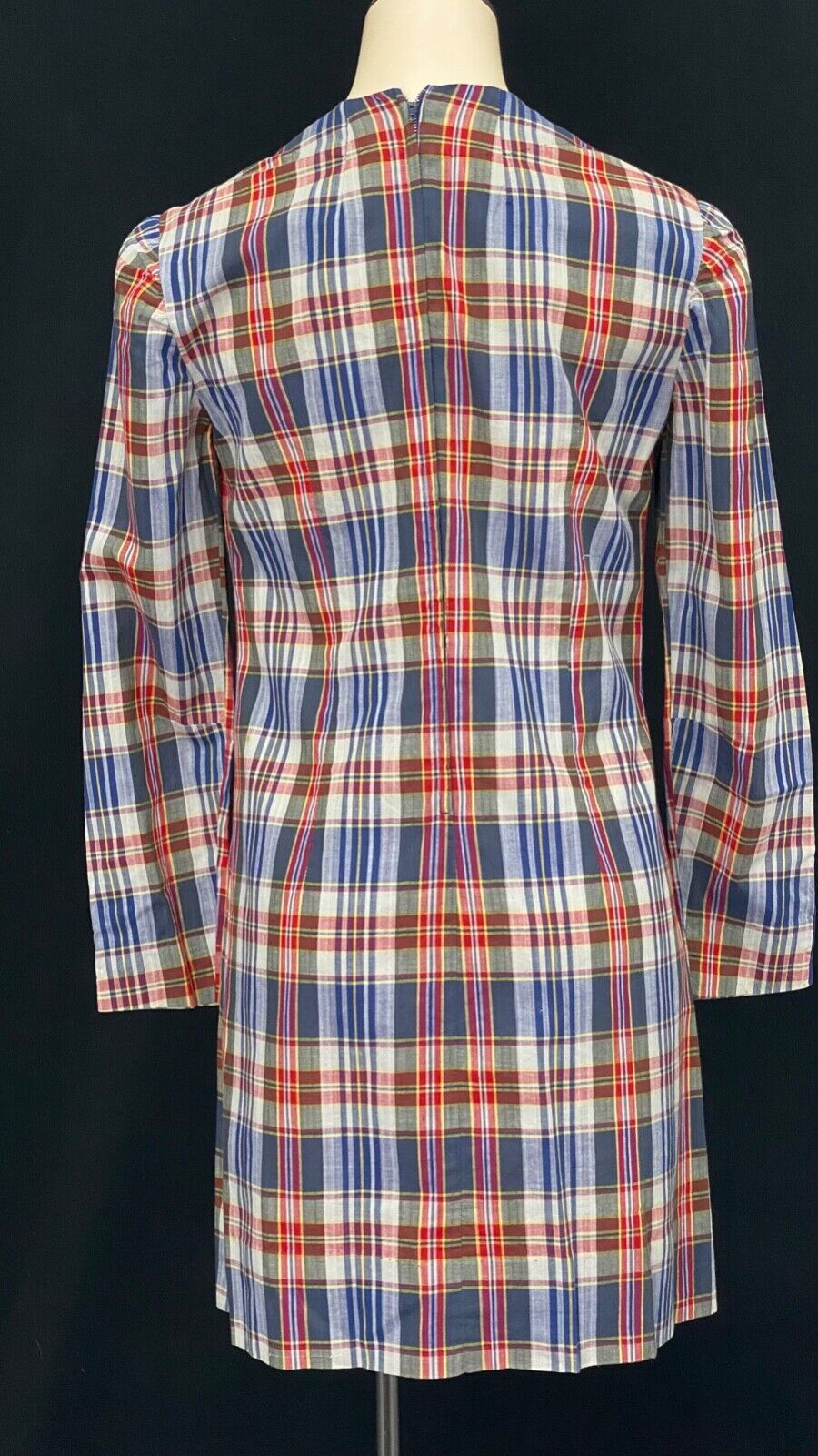 Vintage 1960s plaid mini dress, red white blue long sleeve 1970s cotton XS