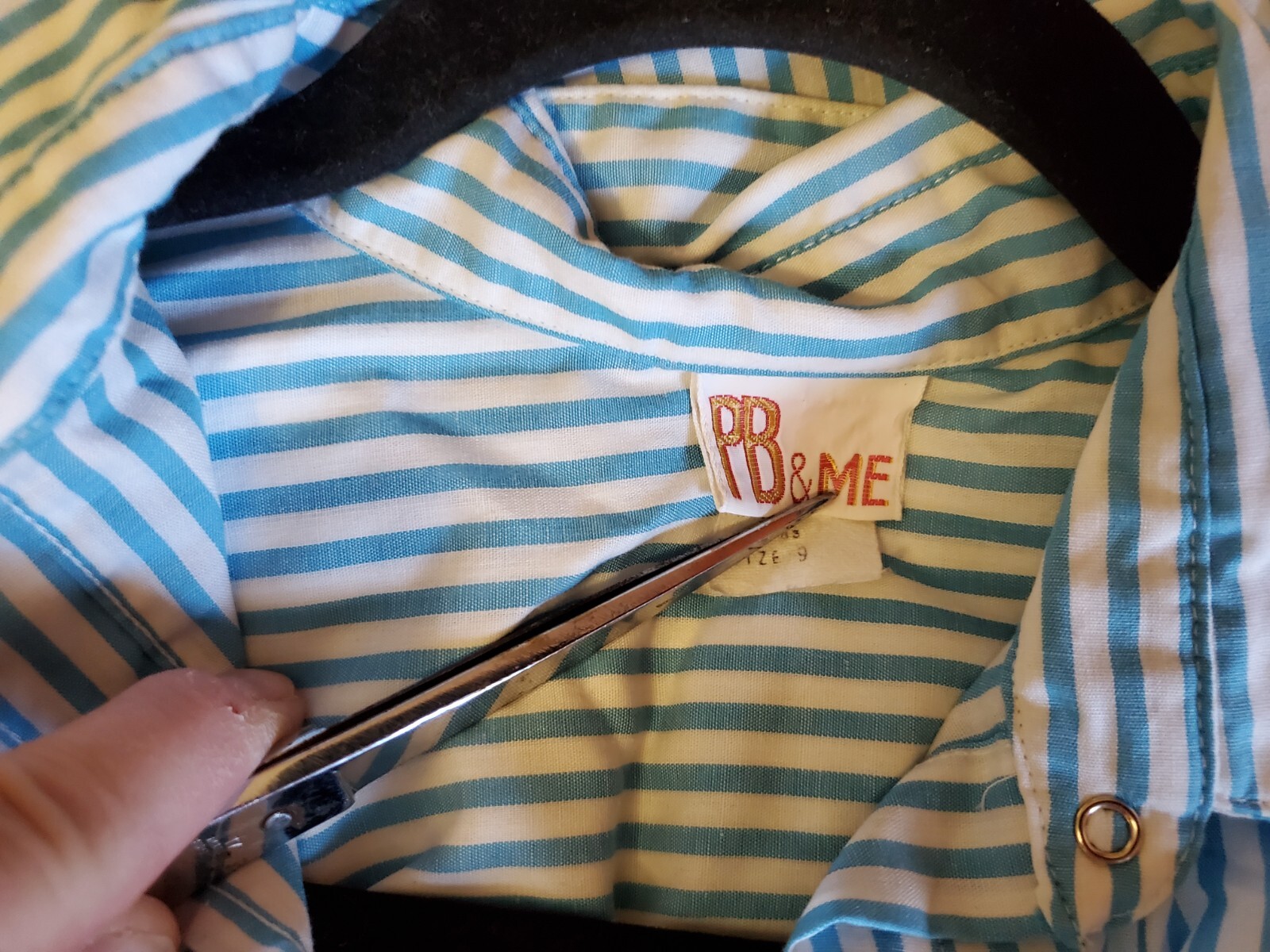 Vintage PB & Me Women’s Blouse 44″ Chest Blue & White Stripe Metal Snaps NICE!