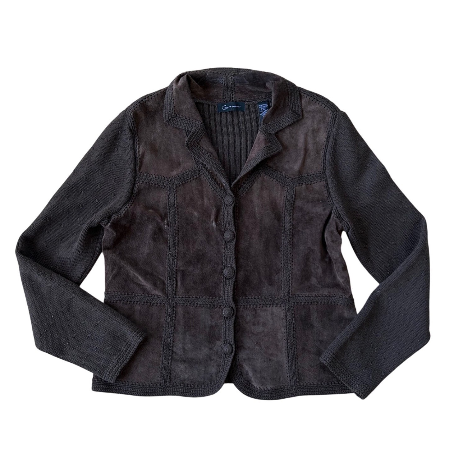 Vintage Brown Suede Leather Merino Wool Ribbed Knit Cardigan Jacket L Y2k