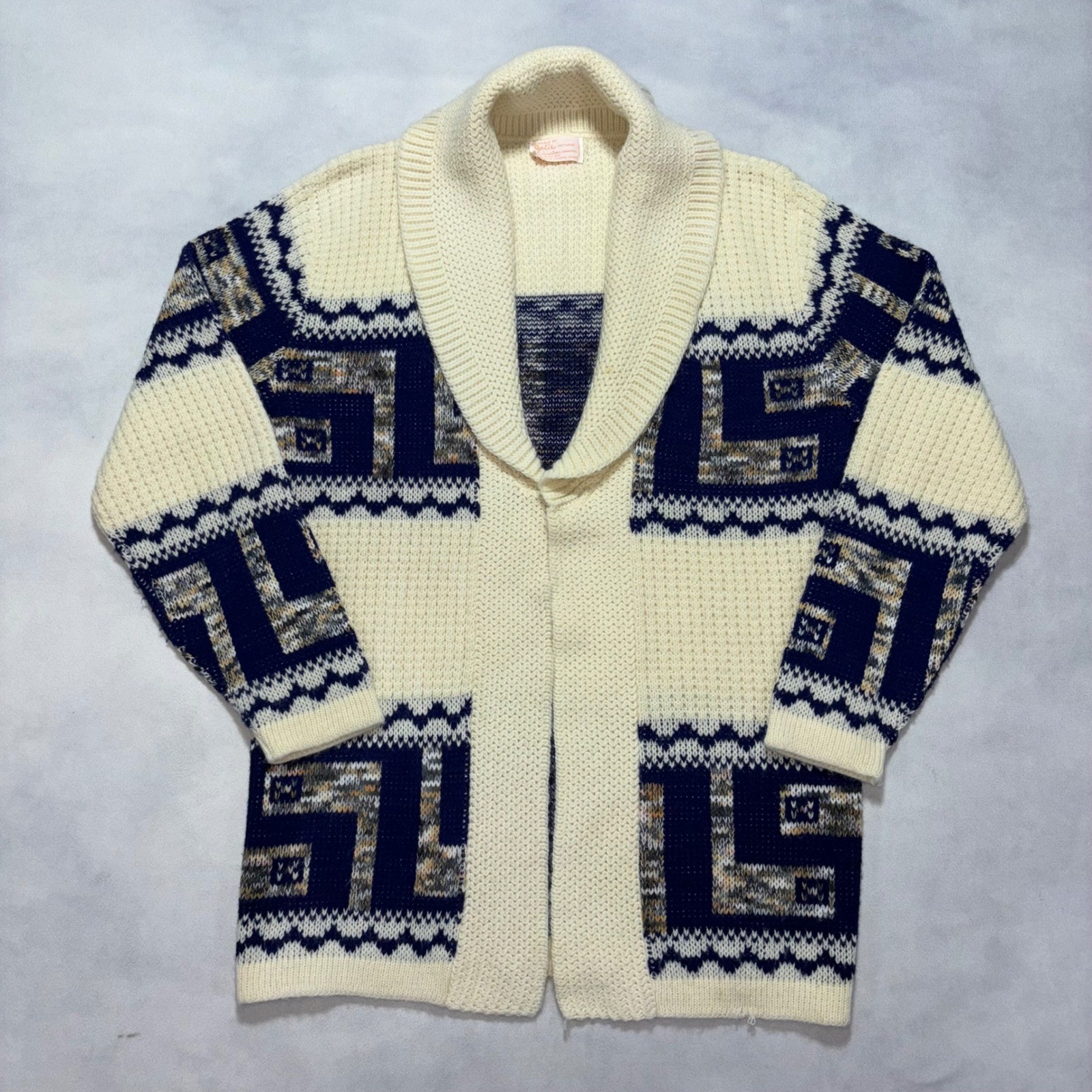 Vintage 60’s Shawl Collar Cardigan Women’s Large Cream Navy Blue Greek Aztec