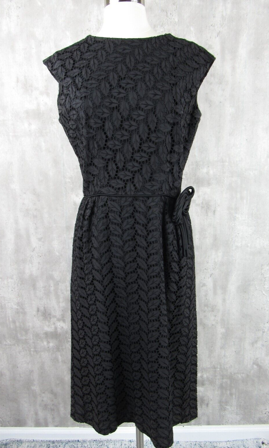 Vintage 50s 60s Black Cotton Embroidered Eyelet Sheath Dress M/L 40″ bust
