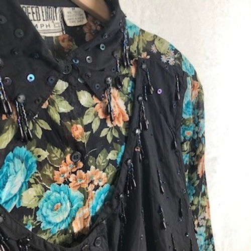 VTG Speed Limit MPH Floral Beaded Sequin Vest Overlay Shirt Women’s M Western