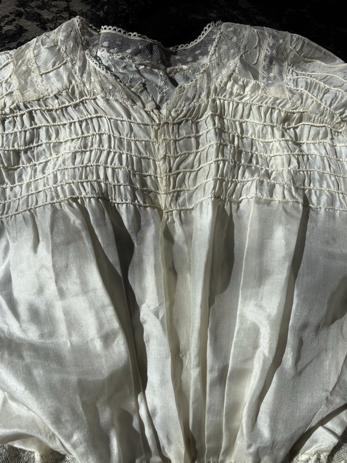 Antique Edwardian Silk Lace Dress Smocked Whitework Pigeon Breast 1900s 1890s