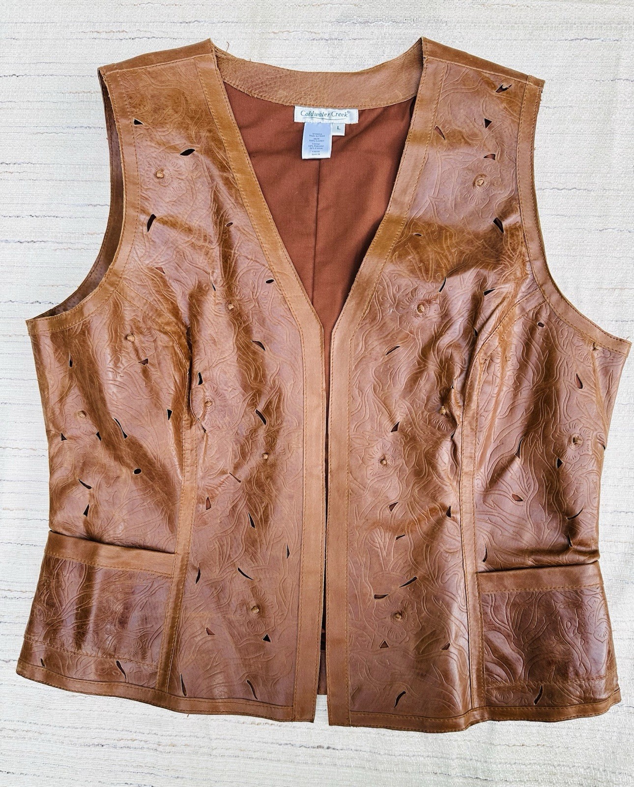 Vtg Brown Leather Vest Size Large Flower Leaf Cut Detail Coldwater Creek Western