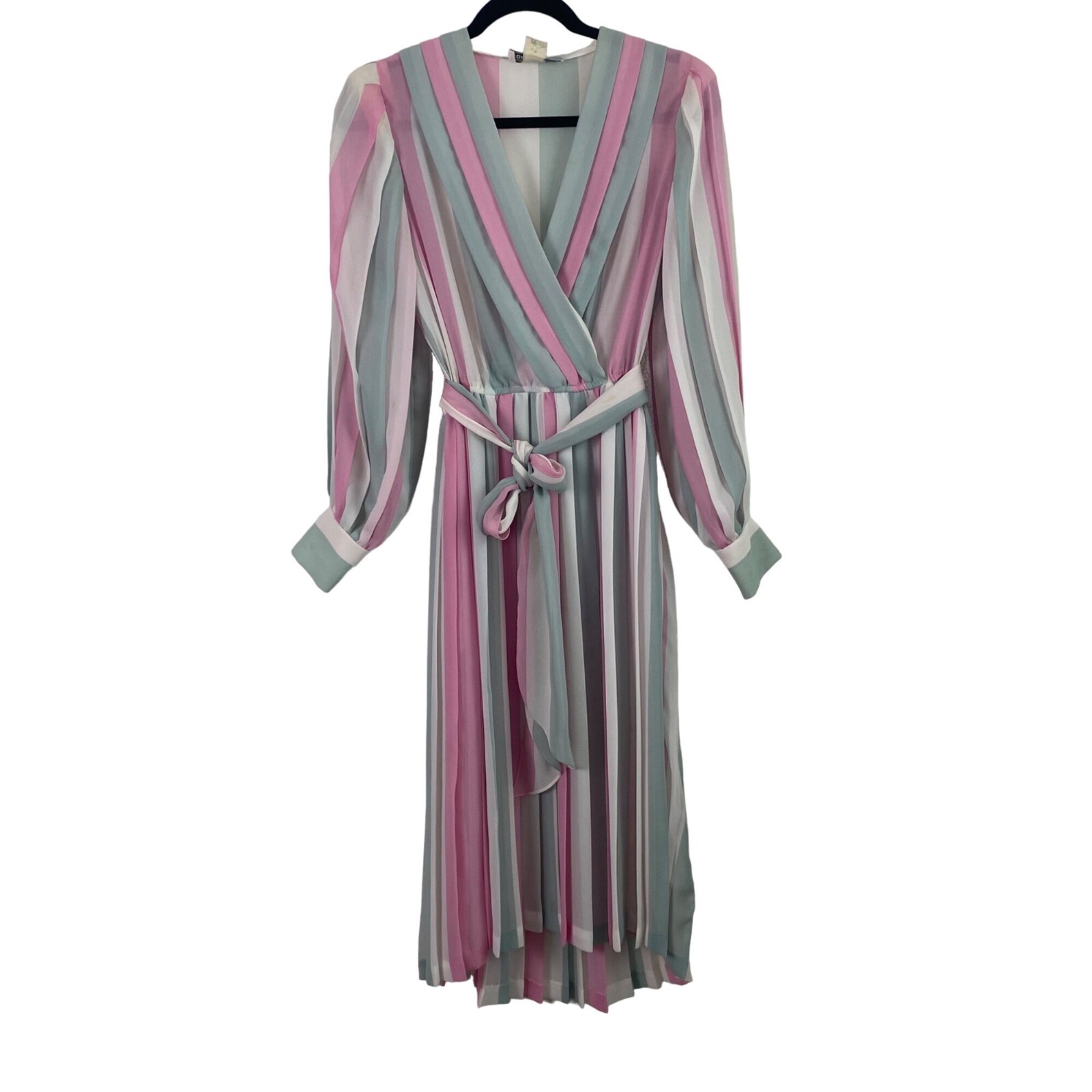 VTG 70’s Pink Blue White Pastels Striped Sheer Pleated draped Romantic Dress Sm
